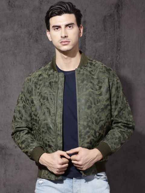 

Roadster Men Olive Green Printed Bomber