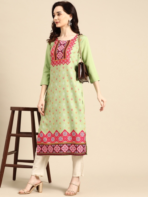 

all about you Women Green & Pink Ethnic Motifs Printed Crepe Kurta