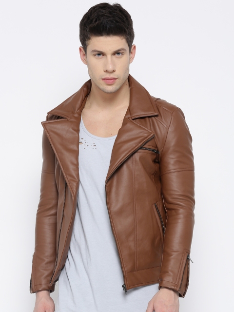 

Roadster Men Brown Solid Asymmetric Closure Biker Jacket