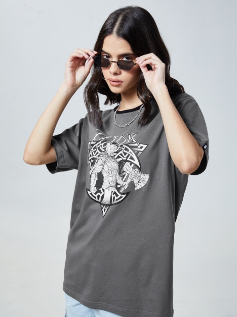 

The Souled Store Women Grey Typography Printed V-Neck Loose T-shirt