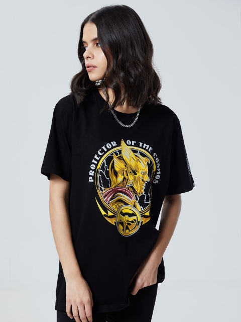 

The Souled Store Women Black Printed Raw Edge Loose T-shirt