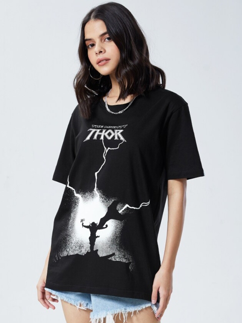 

The Souled Store Women Black Printed Raw Edge Loose T-shirt