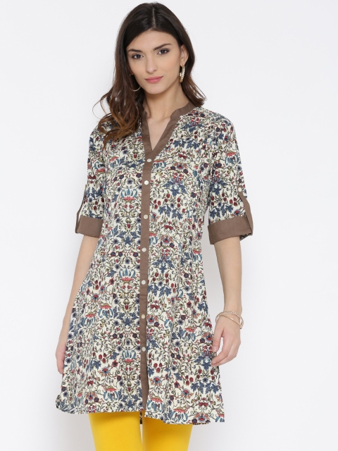 Shree Women White & Olive Green Printed A-Line Kurta available at myntra for Rs.359