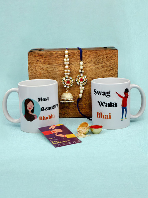 

Accessher Set of 2 Kundan Studded Rakhis With 2 Printed Mugs, Gold