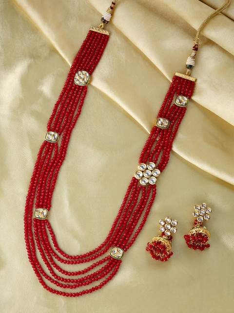 

VIRAASI Gold-Plated Maroon Red Kundan-Studded & Beaded Jewellery Set