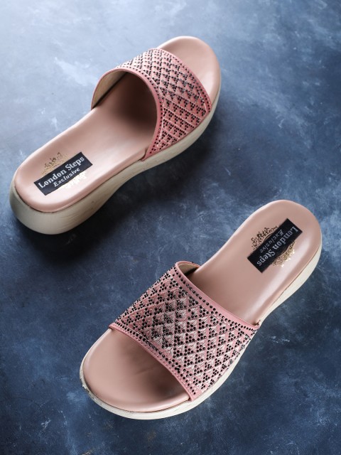 

LONDON STEPS Women Pink Embellished Laser Cuts Flats