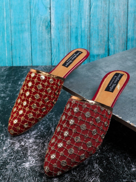 

LONDON STEPS Women Maroon & Gold-Toned Embellished Ethnic Mules