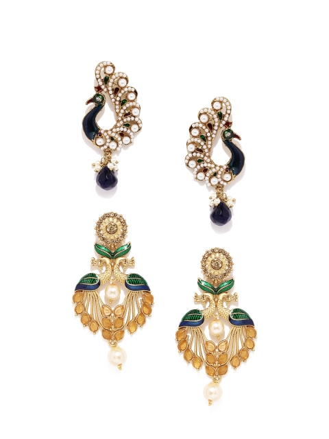 

Zaveri Pearls Set of 2 Gold-Plated Peacock-Shaped Drop Earrings
