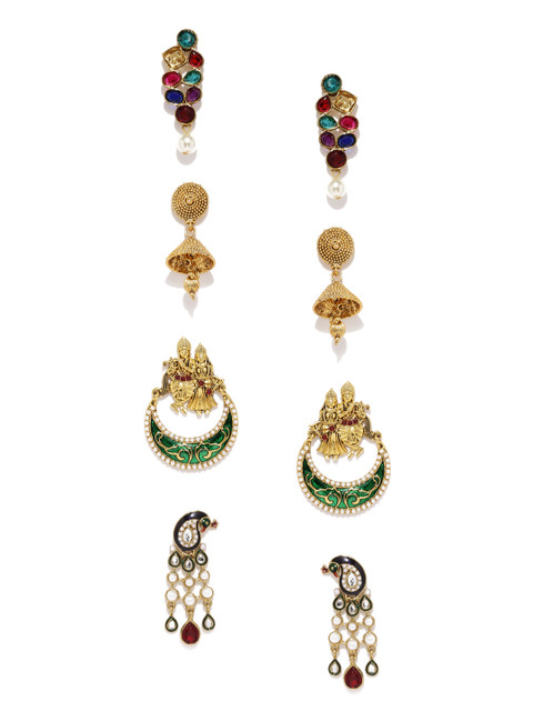 

Zaveri Pearls Set of 4 Gold-Plated Drop Earrings, Green