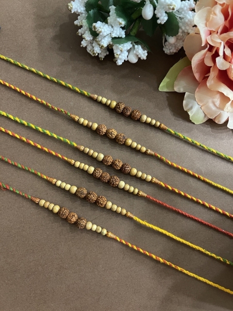 

Digital Dress Room Men Set Of 6 Yellow & Brown Rudraksh Beaded Thread Rakhis, Gold