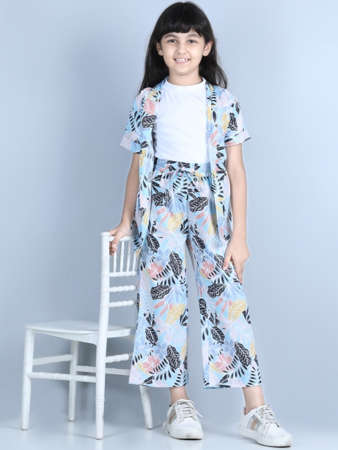 

luyk Girls Blue & White Printed Pure CottonT-shirt with Trousers & Shrug
