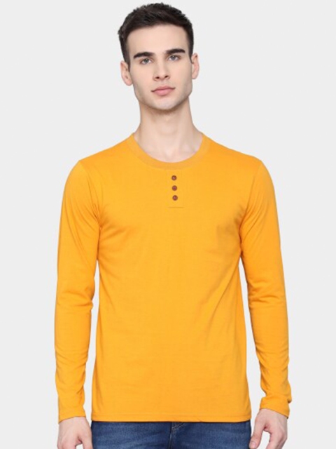 

PockMAN Men Mustard Yellow Henley Neck Bio Finish T-shirt