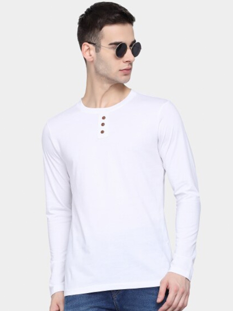 

PockMAN Men White Henley Neck Bio Finish T-shirt
