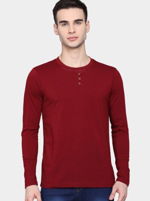 

PockMAN Men Maroon Henley Neck Bio Finish Raw Edge T-shirt