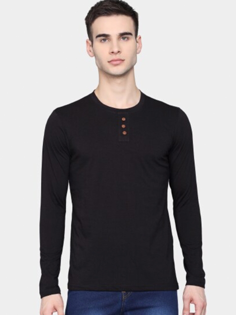 

PockMAN Men Black Henley Neck Bio Finish Raw Edge T-shirt