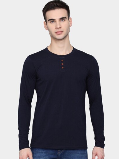 

PockMAN Men Blue Henley Neck Bio Finish Raw Edge T-shirt