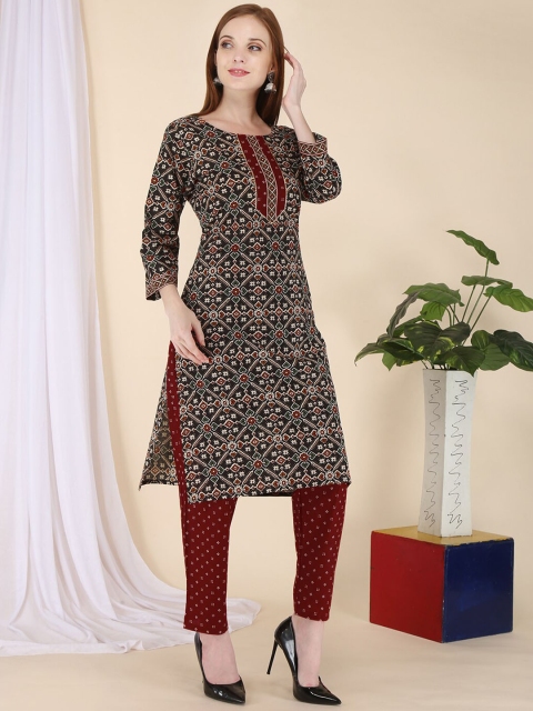 

ERISHA Women Maroon Ethnic Motifs Printed Pure Cotton Kurta with Trousers