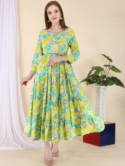 

ERISHA Women Lime Green Floral Printed Flared Sleeves Mirror Work Floral Anarkali Kurta