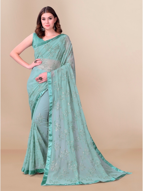 

VAIRAGEE Turquoise Blue Floral Embroidered Pure Georgette Saree