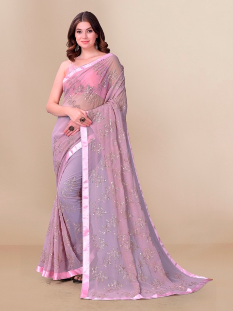

VAIRAGEE Pink Floral Embroidered Pure Georgette Saree