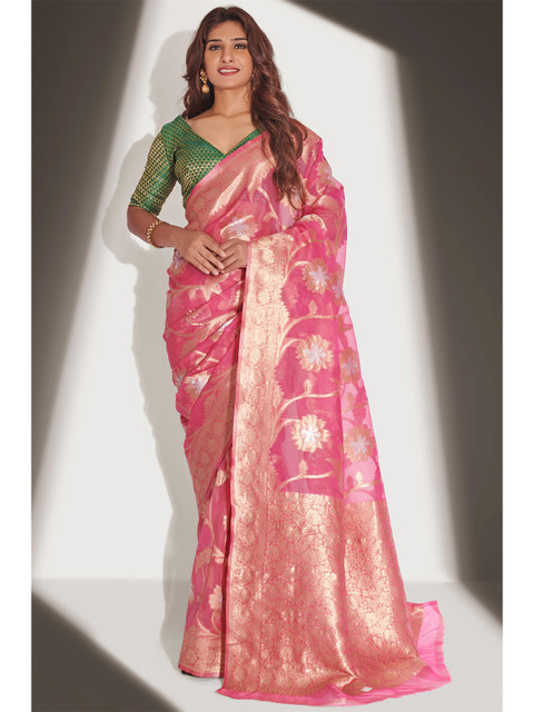 

LABEL AARNA Pink & Gold-Toned Woven Design Zari Organza Saree