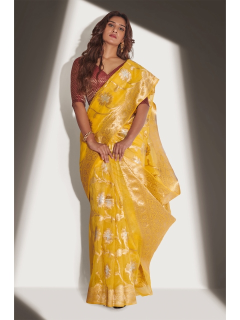 

LABEL AARNA Yellow & Gold-Toned Woven Design Organza Saree