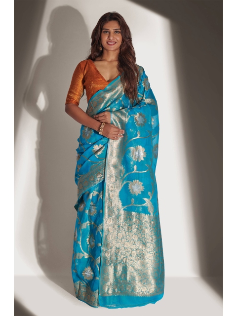 

LABEL AARNA Blue & Gold-Toned Woven Design Zari Organza Saree