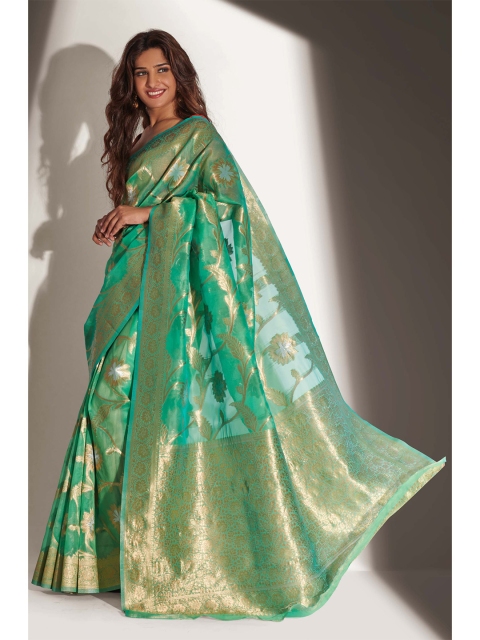 

LABEL AARNA Grey & Gold-Toned Woven Design Organza Saree