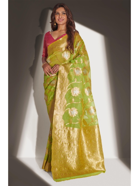 

LABEL AARNA Green & Gold-Toned Floral Organza Saree