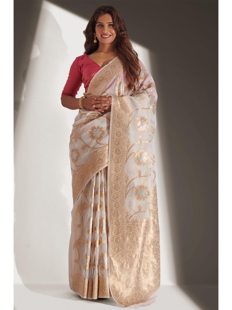 

LABEL AARNA women Off White & Gold-Toned Floral Zari Organza Saree