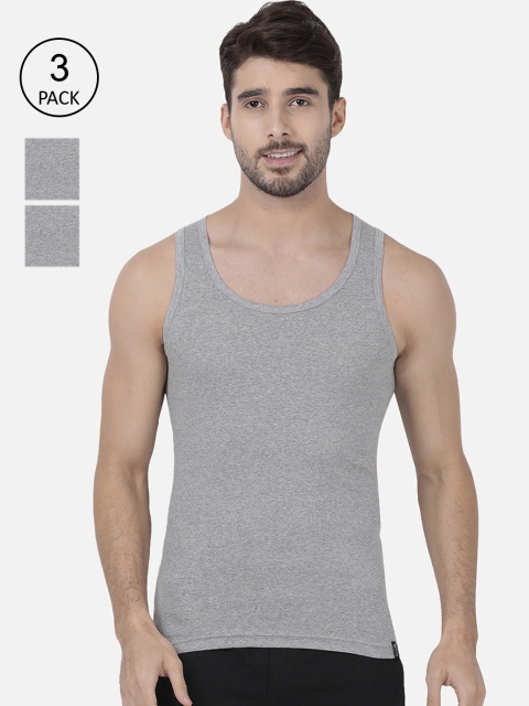 

one8 by Virat Kohli Men Grey Melange Pack Of 3 Solid Pure Super Combed Cotton Basic Innerwear Vests
