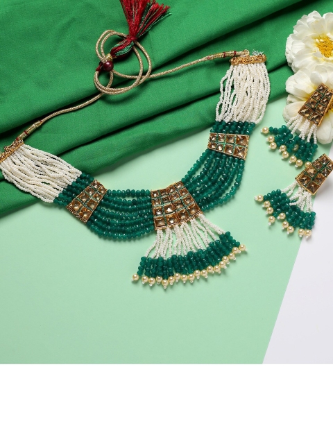 

MAD CLUB Gold-Plated White & Green Stone-Studded & Pearl Beaded Jewellery Set
