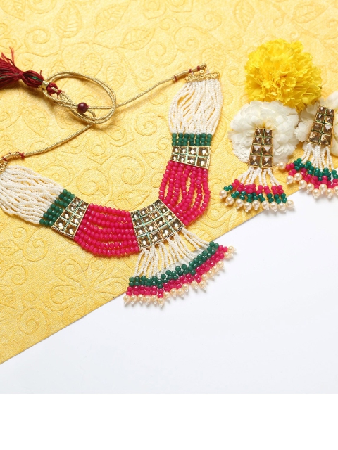

MAD CLUB Gold-Plated White Stone Studded & Pink Pearl Beaded Jewellery Set