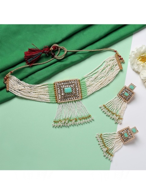 

MAD CLUB Gold-Plated White & Green Stone-Studded & Pearl Beaded Jewellery Set
