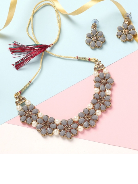 

MAD CLUB Women Gold-Plated Floral Kundan Studded Jewellery Set, Grey