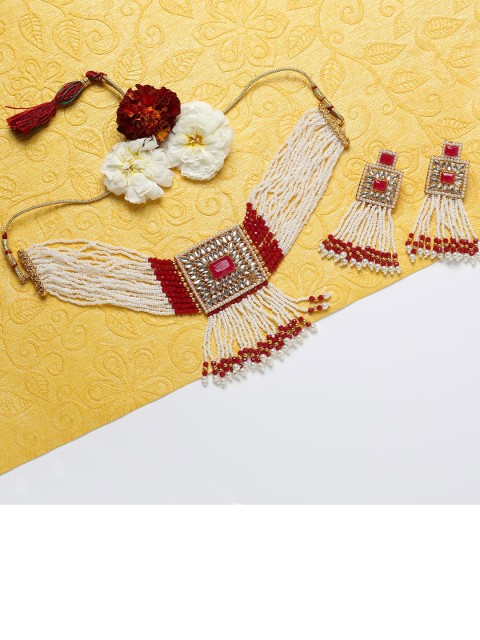 

MAD CLUB White & Maroon Pearl & Stone Gold-Plated Necklace & Earrings Set