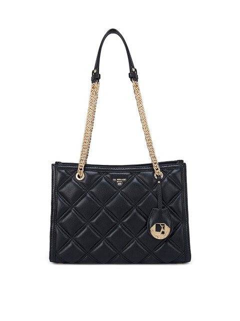 

Da Milano Black Textured Leather Structured Shoulder Bag with Quilted Detail