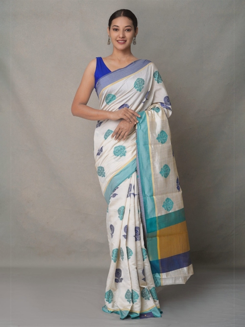 

Unnati Silks Cream-Coloured & Blue Woven Design Linen Blend Jamdani Saree