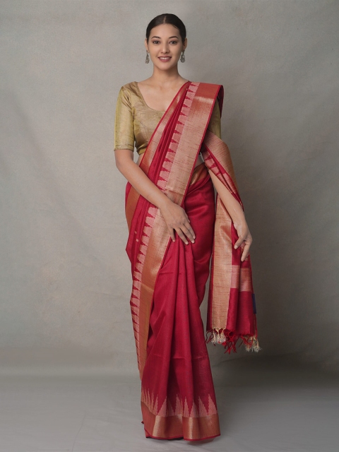 

Unnati Silks Maroon & Gold-Toned Woven Design Zari Linen Blend Jamdani Saree