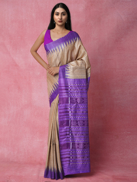 

Unnati Silks Cream-Coloured & Purple Jute Silk Jamdani Saree