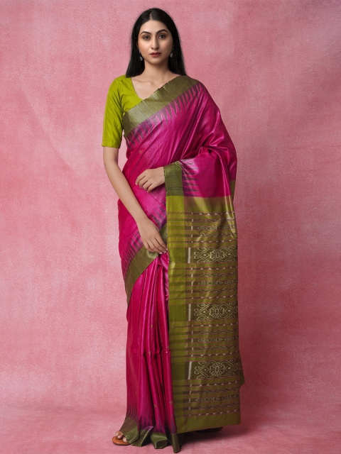 

Unnati Silks Pink & Green Woven Design Jute Silk Jamdani Saree