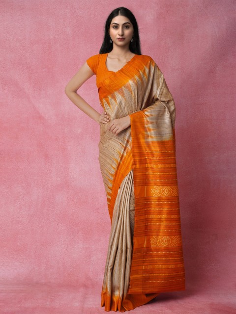 

Unnati Silks Cream-Coloured & Orange Woven Design Jute Silk Jamdani Saree