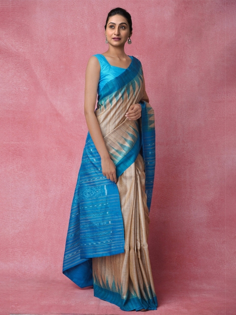 

Unnati Silks Cream-Coloured & Blue Jute Silk Jamdani Saree