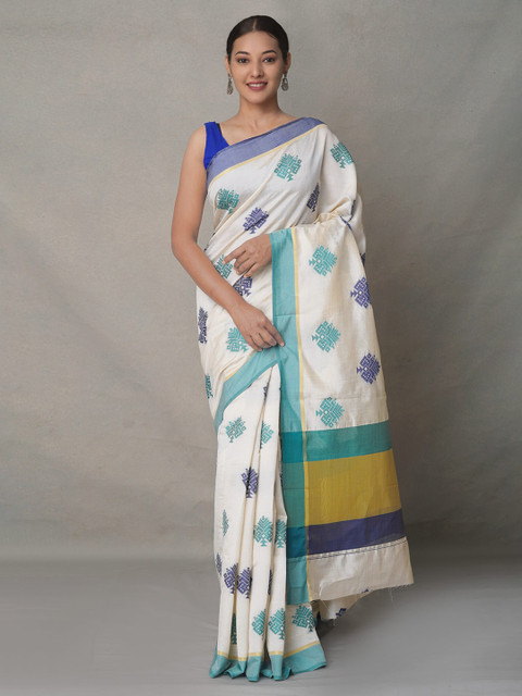 

Unnati Silks Off White & Sea Green Woven Design Linen Blend Jamdani Saree