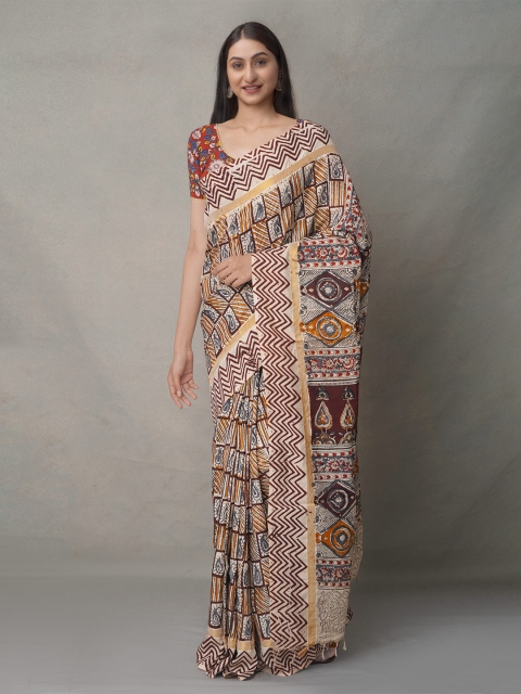 

Unnati Silks Women Cream-Coloured & Maroon Kalamkari Pure Silk Kanjeevaram Handloom Saree