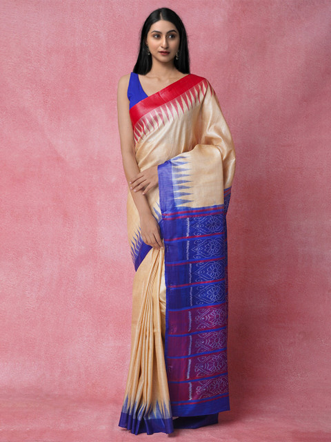 

Unnati Silks Cream-Coloured & Blue Jute Silk Jamdani Saree