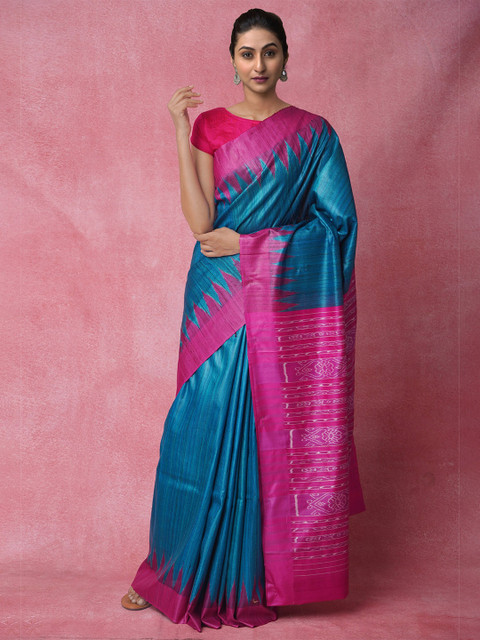 

Unnati Silks Blue & Pink Jute Silk Jamdani Saree