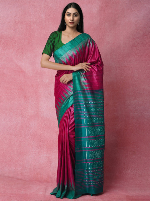 

Unnati Silks Pink & Green Jute Silk Jamdani Saree