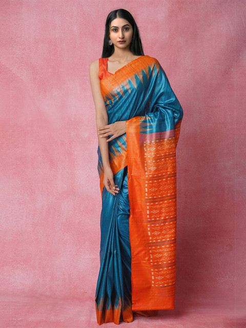

Unnati Silks Blue & Orange Woven Design Jute Silk Jamdani Saree