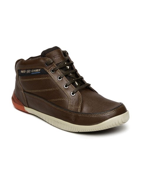 

Red Chief Men Brown Solid Leather Mid-Top Leather Sneakers